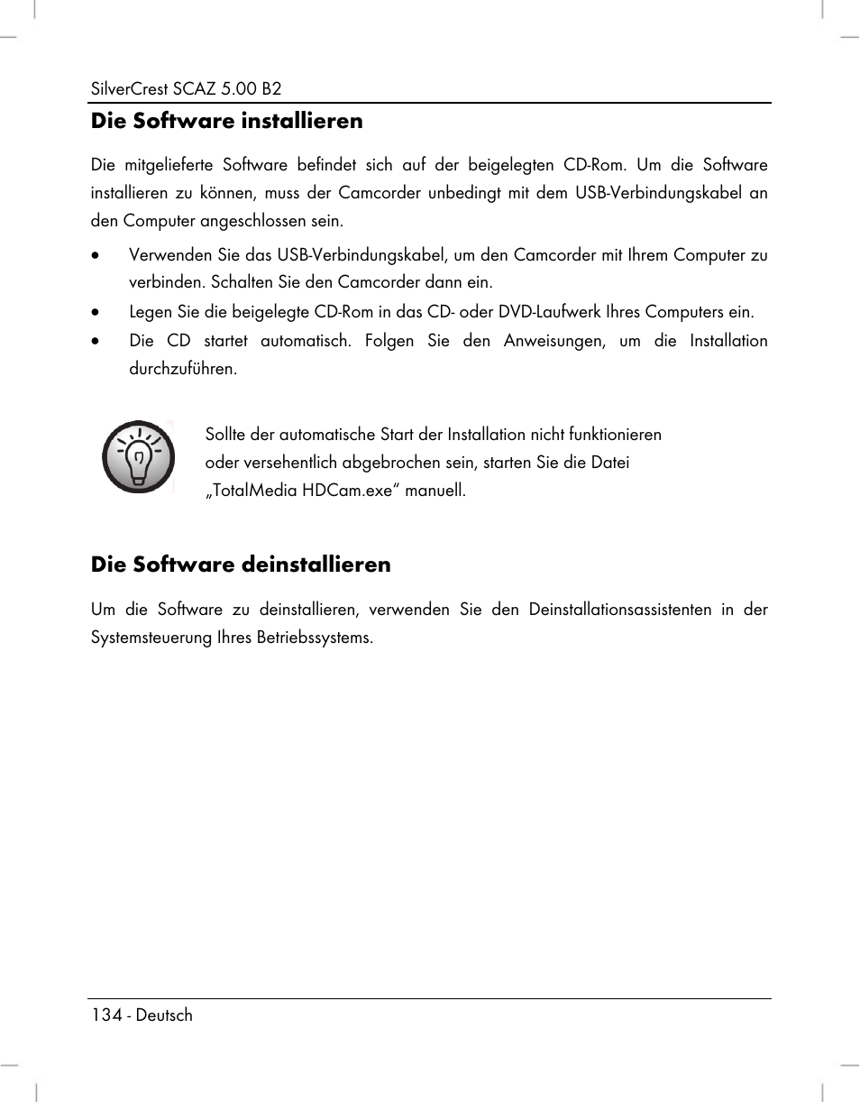 Die software installieren, Die software deinstallieren | Silvercrest SCAZ 5.00 B2 User Manual | Page 136 / 222