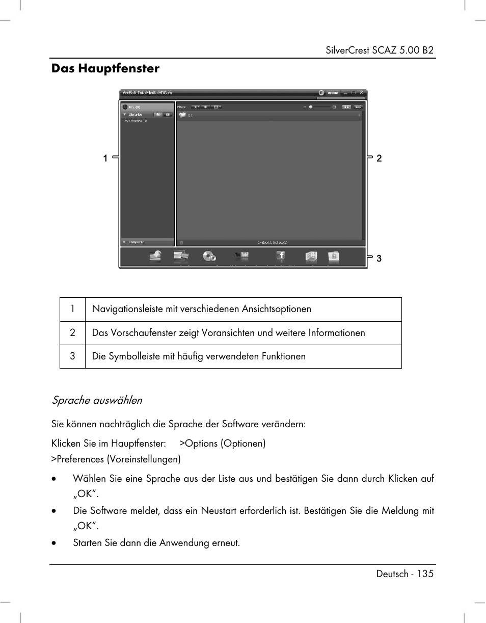 Das hauptfenster, Sprache auswählen | Silvercrest SCAZ 5.00 B2 User Manual | Page 137 / 222