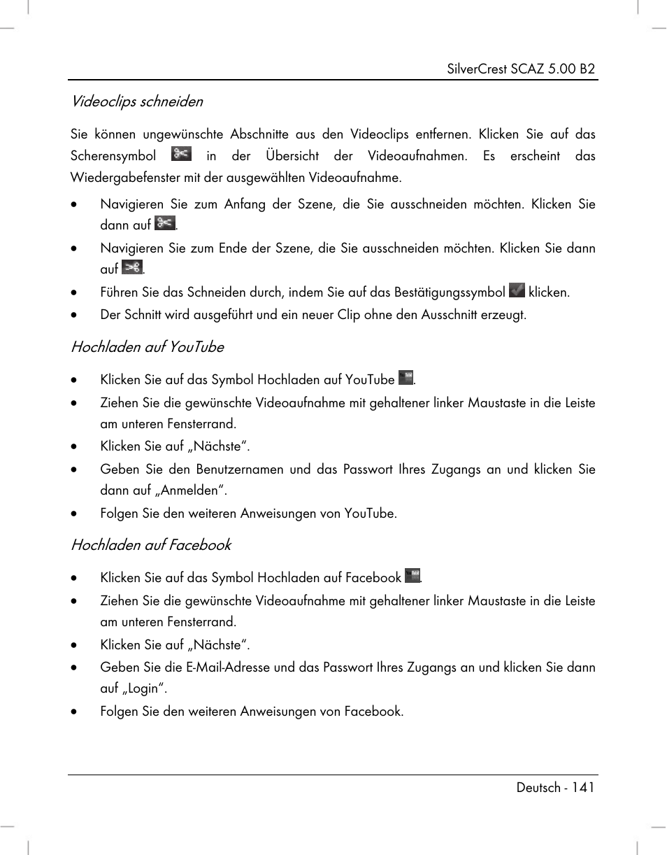 Videoclips schneiden, Hochladen auf youtube, Hochladen auf facebook | Silvercrest SCAZ 5.00 B2 User Manual | Page 143 / 222