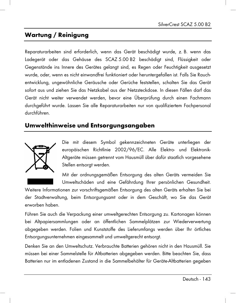 Wartung / reinigung, Umwelthinweise und entsorgungsangaben | Silvercrest SCAZ 5.00 B2 User Manual | Page 145 / 222