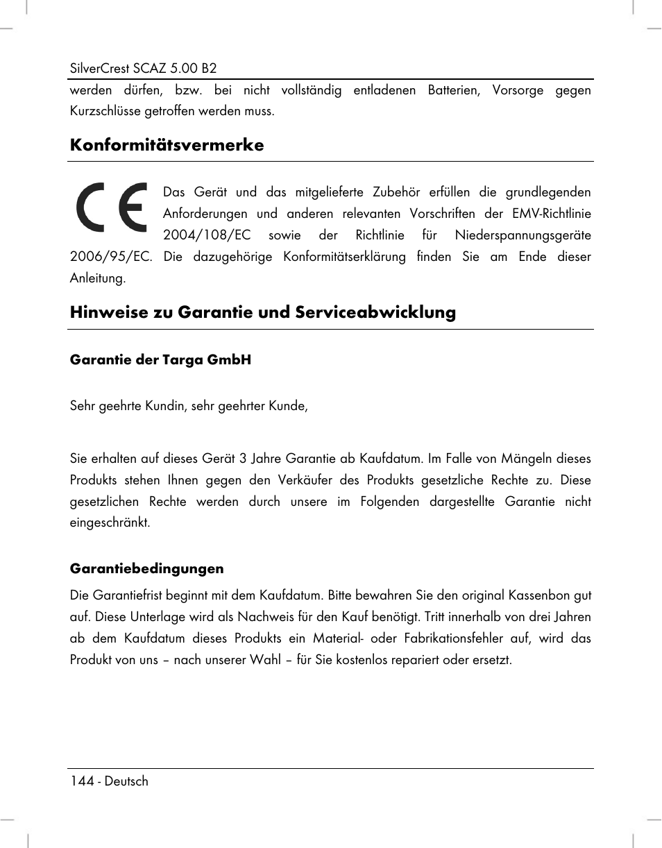 Konformitätsvermerke, Hinweise zu garantie und serviceabwicklung | Silvercrest SCAZ 5.00 B2 User Manual | Page 146 / 222