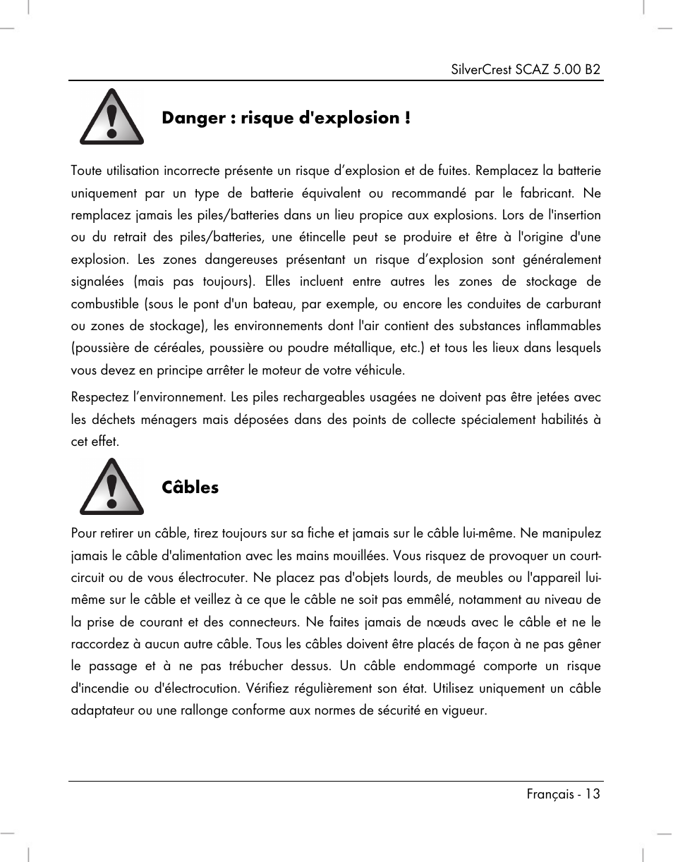 Danger : risque d'explosion, Câbles | Silvercrest SCAZ 5.00 B2 User Manual | Page 15 / 222