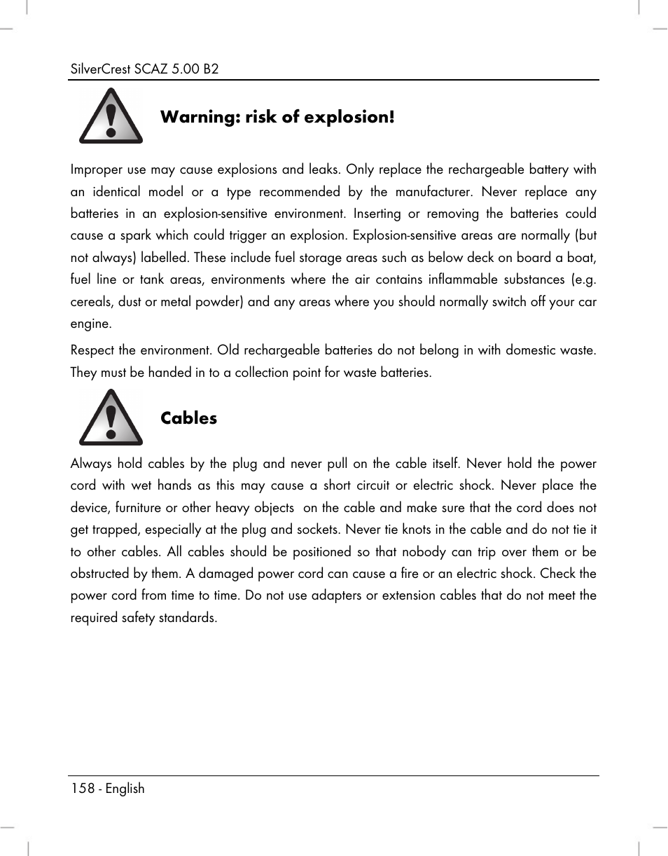 Warning: risk of explosion, Cables | Silvercrest SCAZ 5.00 B2 User Manual | Page 160 / 222