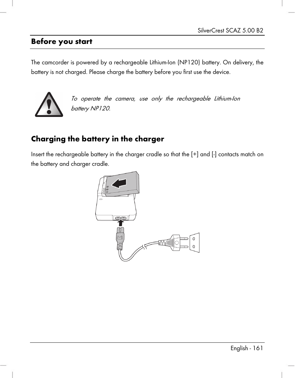 Before you start, Charging the battery in the charger | Silvercrest SCAZ 5.00 B2 User Manual | Page 163 / 222