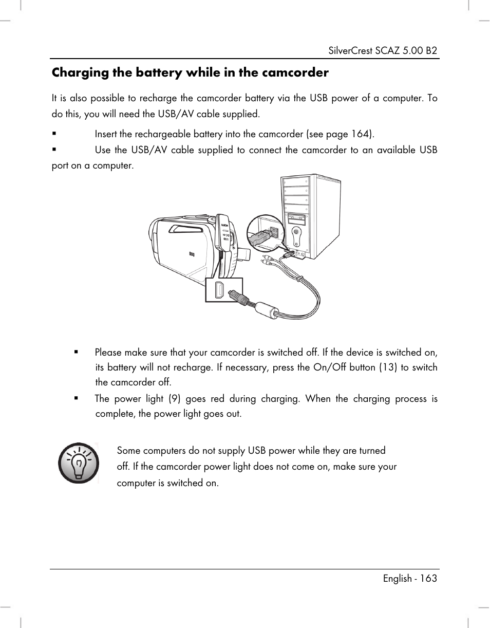 Charging the battery while in the camcorder | Silvercrest SCAZ 5.00 B2 User Manual | Page 165 / 222