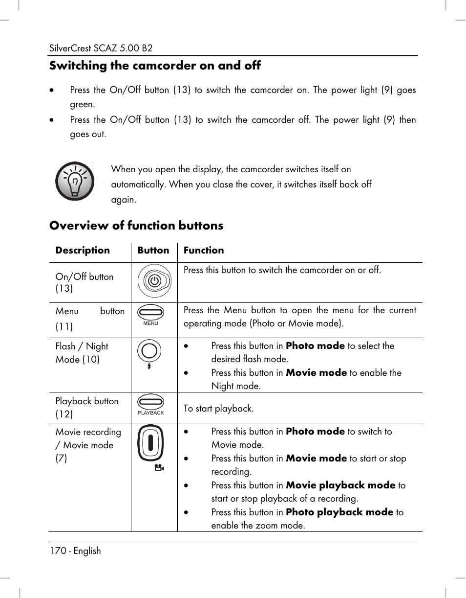 Switching the camcorder on and off, Overview of function buttons | Silvercrest SCAZ 5.00 B2 User Manual | Page 172 / 222