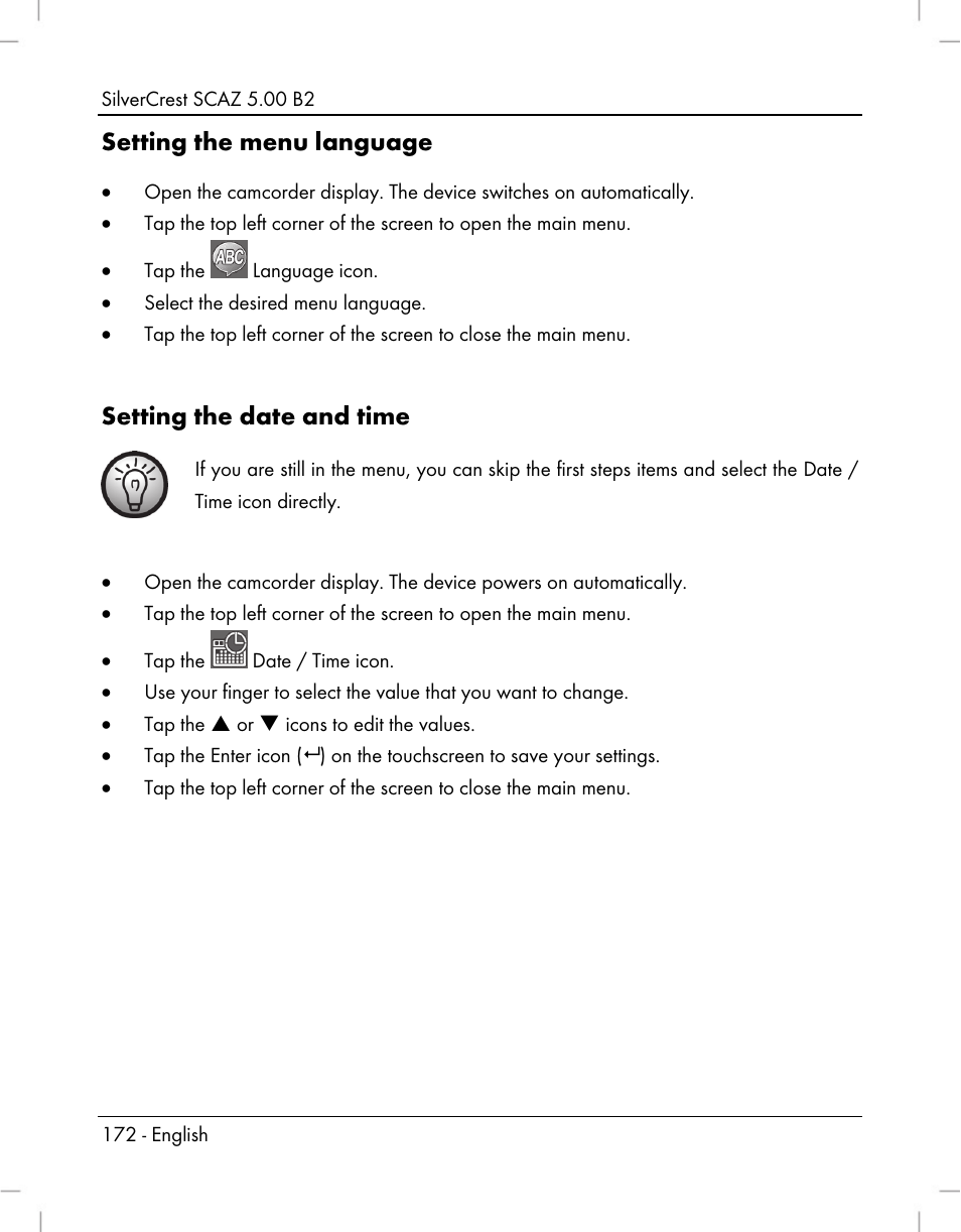 Setting the menu language, Setting the date and time | Silvercrest SCAZ 5.00 B2 User Manual | Page 174 / 222