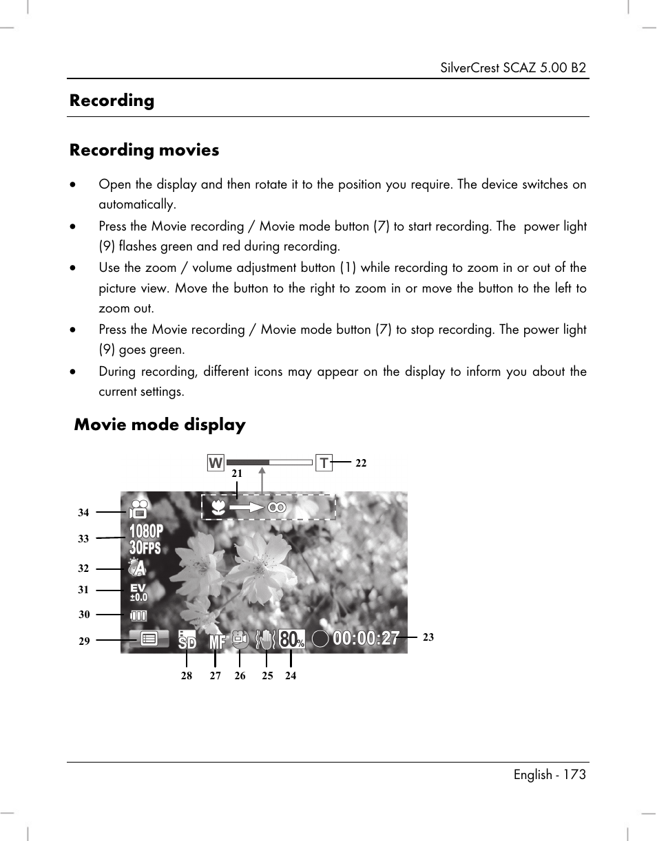 Recording recording movies, Movie mode display | Silvercrest SCAZ 5.00 B2 User Manual | Page 175 / 222