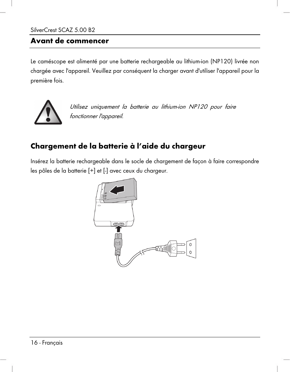 Avant de commencer, Chargement de la batterie à l’aide du chargeur | Silvercrest SCAZ 5.00 B2 User Manual | Page 18 / 222