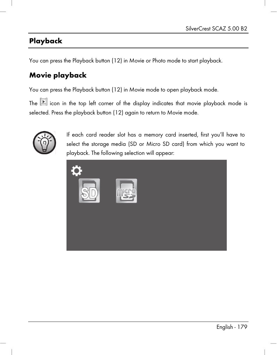 Playback, Movie playback | Silvercrest SCAZ 5.00 B2 User Manual | Page 181 / 222