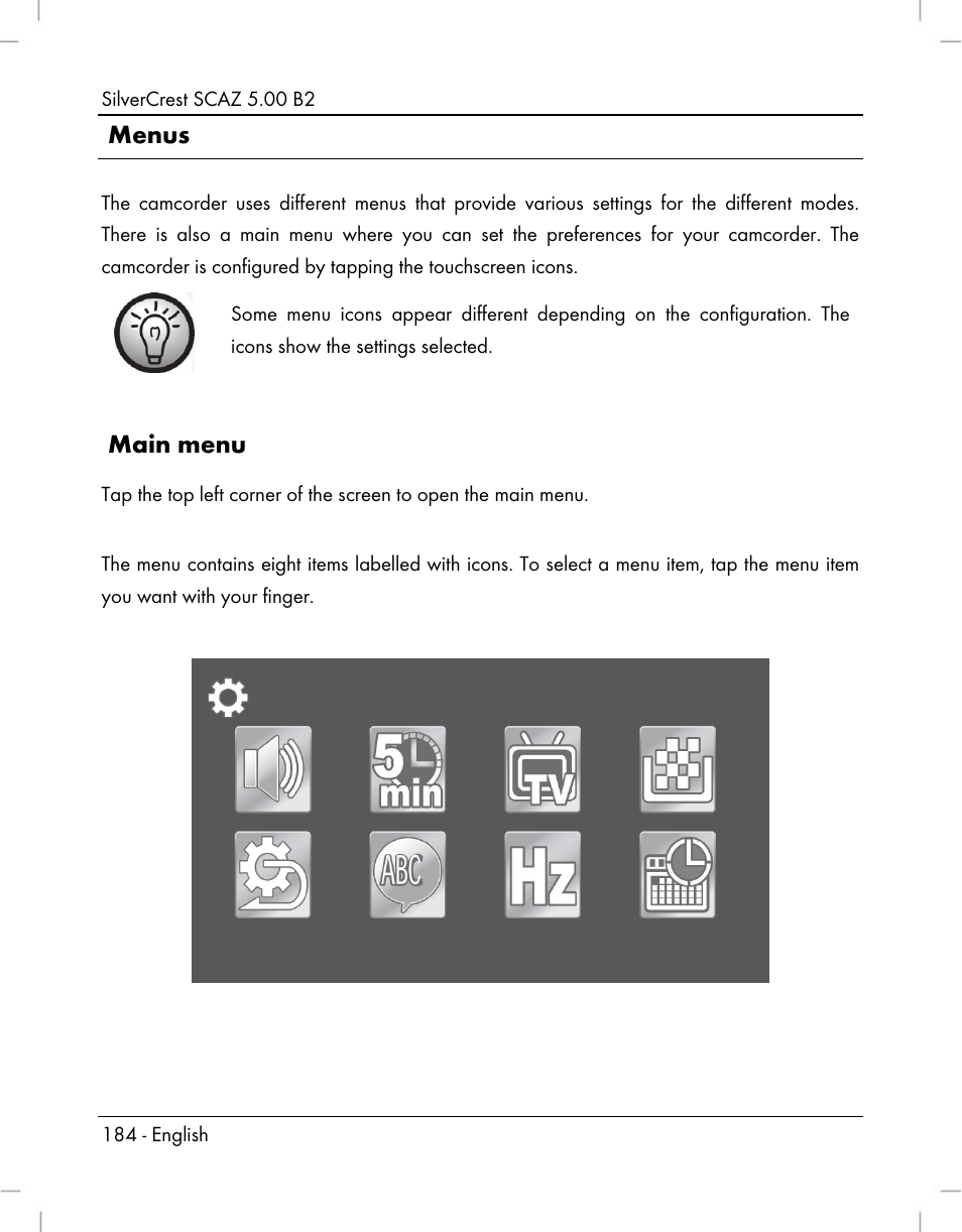 Menus, Main menu | Silvercrest SCAZ 5.00 B2 User Manual | Page 186 / 222