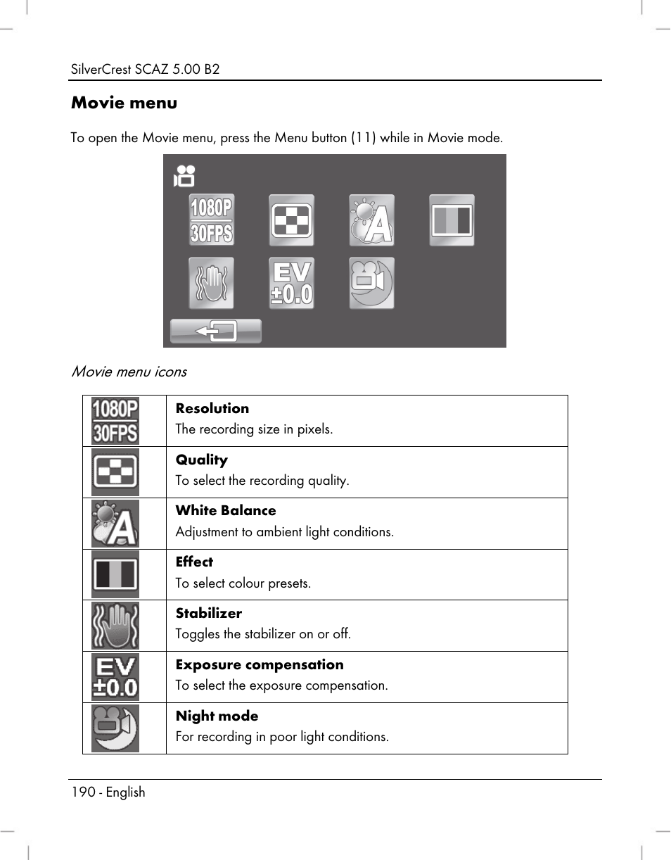 Movie menu, Movie menu icons | Silvercrest SCAZ 5.00 B2 User Manual | Page 192 / 222