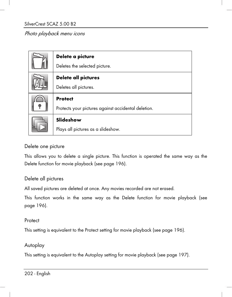 Photo playback menu icons | Silvercrest SCAZ 5.00 B2 User Manual | Page 204 / 222