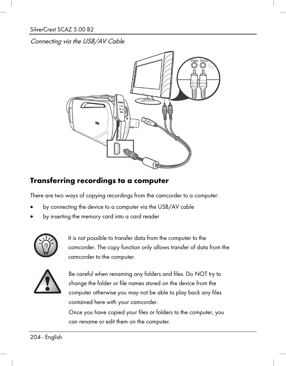 Transferring recordings to a computer, Connecting via the usb/av cable | Silvercrest SCAZ 5.00 B2 User Manual | Page 206 / 222