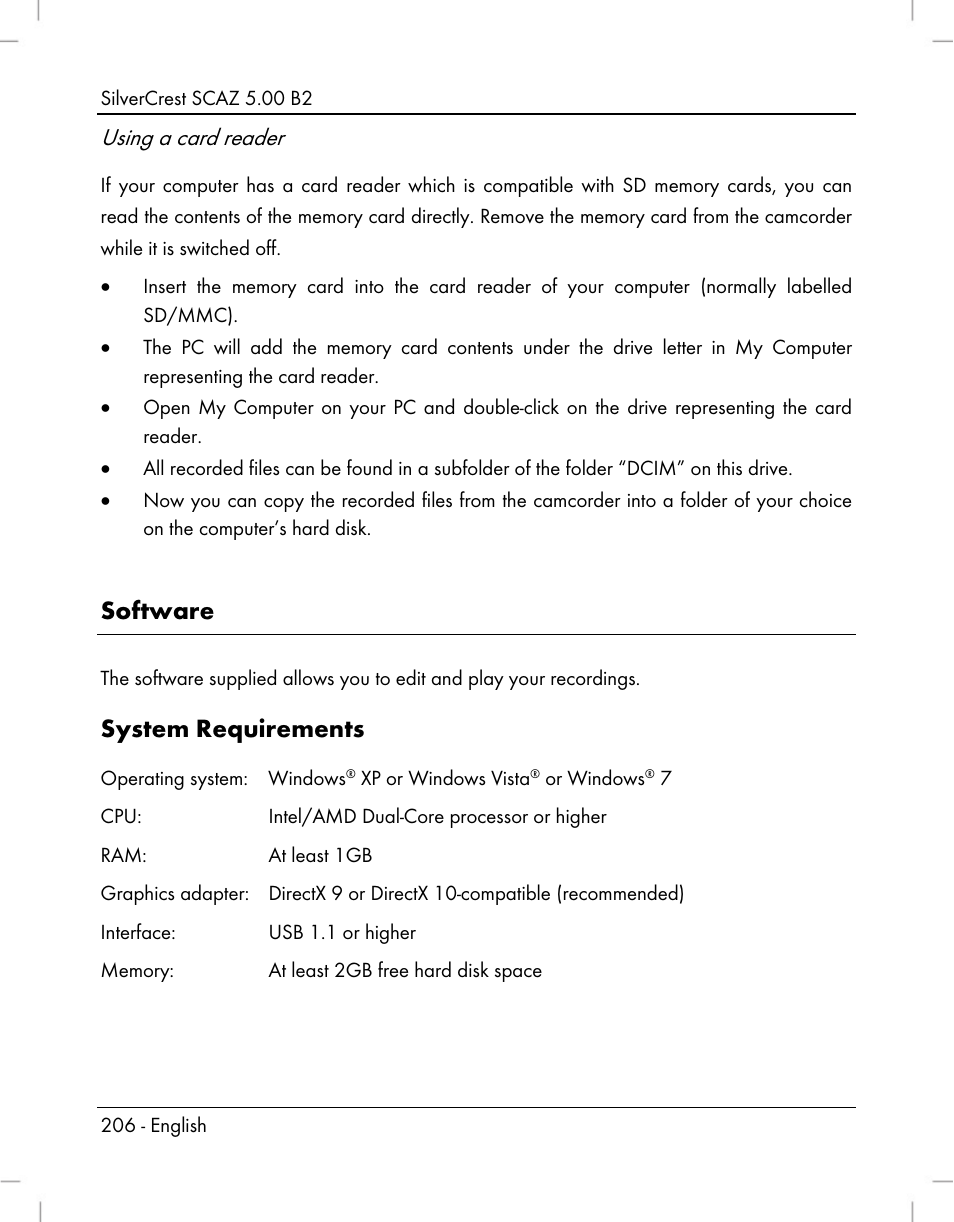 Software, System requirements, Using a card reader | Silvercrest SCAZ 5.00 B2 User Manual | Page 208 / 222