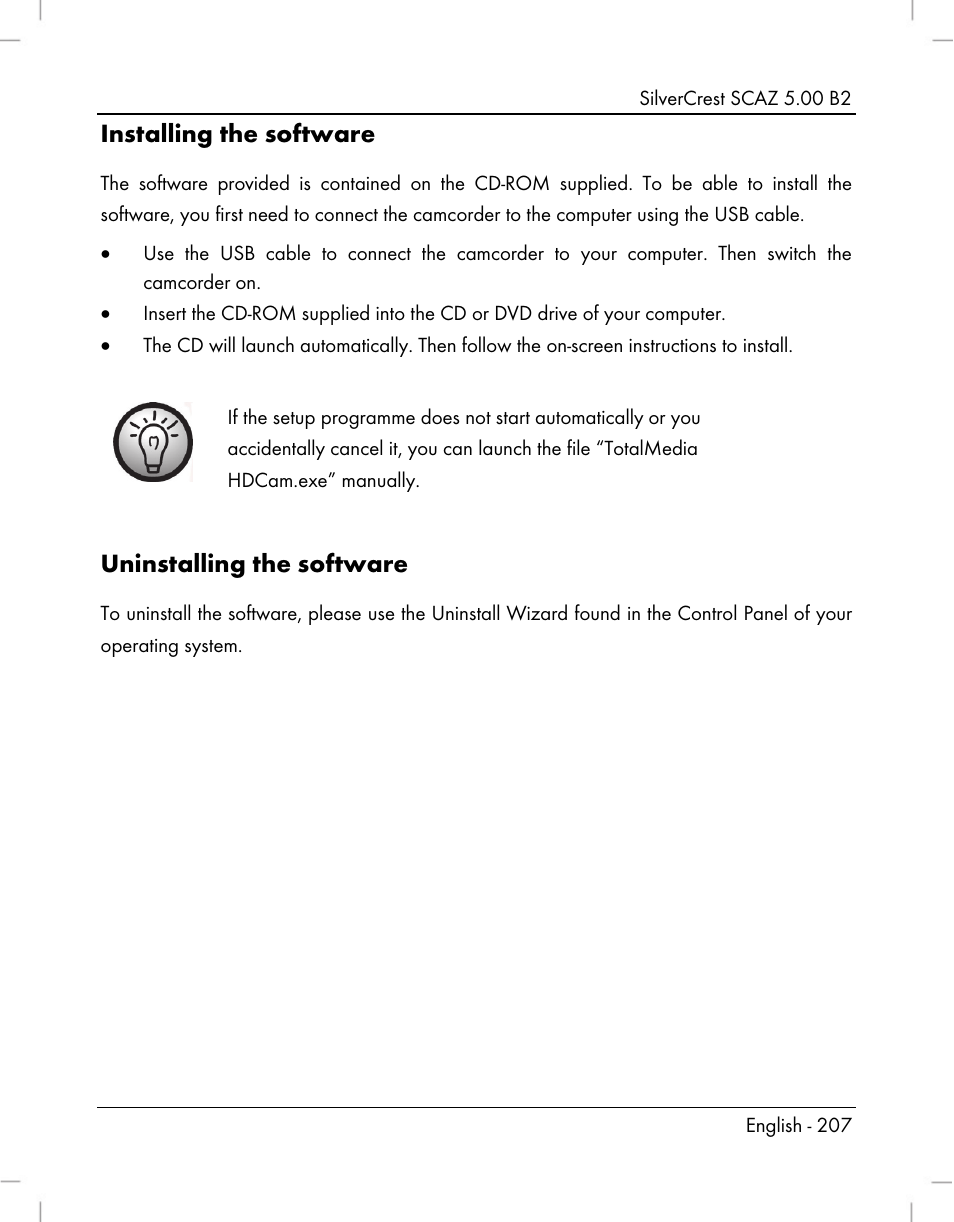 Installing the software, Uninstalling the software | Silvercrest SCAZ 5.00 B2 User Manual | Page 209 / 222