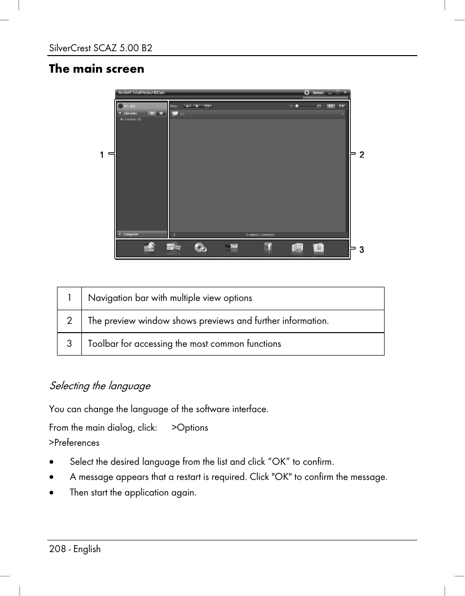 The main screen, Selecting the language | Silvercrest SCAZ 5.00 B2 User Manual | Page 210 / 222