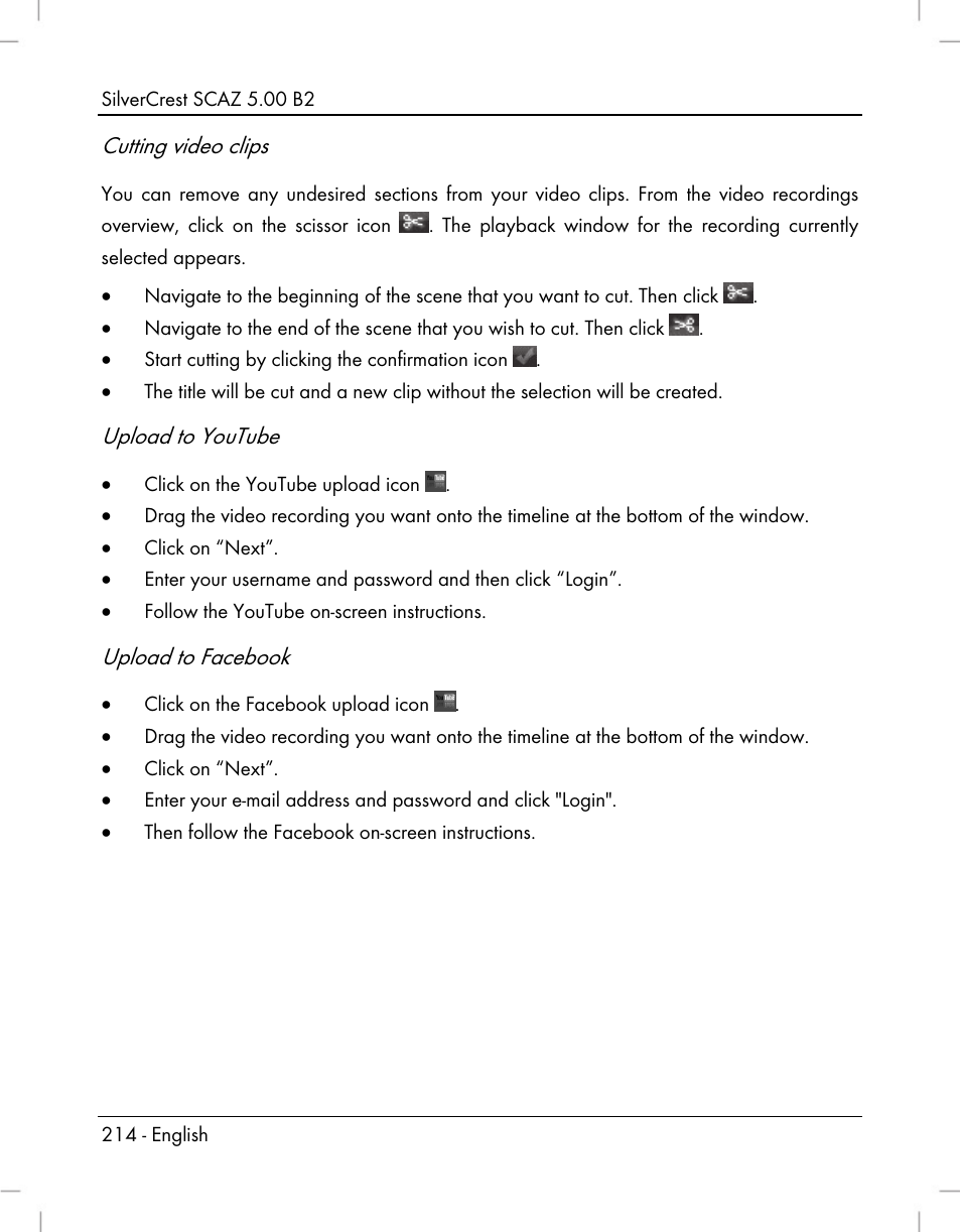 Cutting video clips, Upload to youtube, Upload to facebook | Silvercrest SCAZ 5.00 B2 User Manual | Page 216 / 222