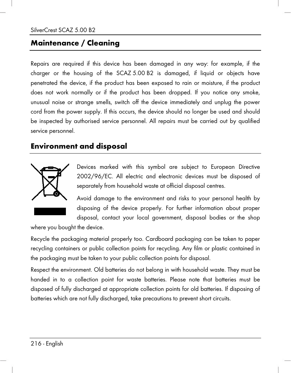 Maintenance / cleaning, Environment and disposal | Silvercrest SCAZ 5.00 B2 User Manual | Page 218 / 222