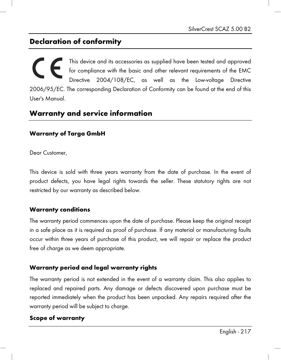 Declaration of conformity, Warranty and service information | Silvercrest SCAZ 5.00 B2 User Manual | Page 219 / 222