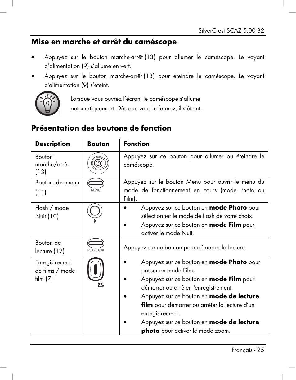 Mise en marche et arrêt du caméscope, Présentation des boutons de fonction | Silvercrest SCAZ 5.00 B2 User Manual | Page 27 / 222