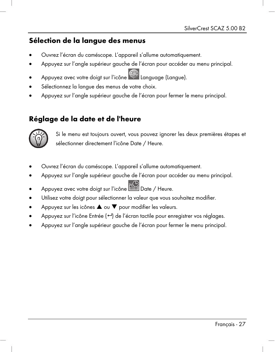 Sélection de la langue des menus, Réglage de la date et de l'heure | Silvercrest SCAZ 5.00 B2 User Manual | Page 29 / 222