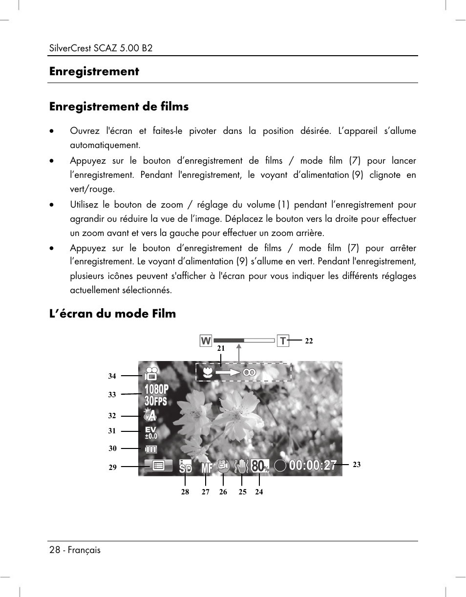 Enregistrement enregistrement de films, L’écran du mode film | Silvercrest SCAZ 5.00 B2 User Manual | Page 30 / 222