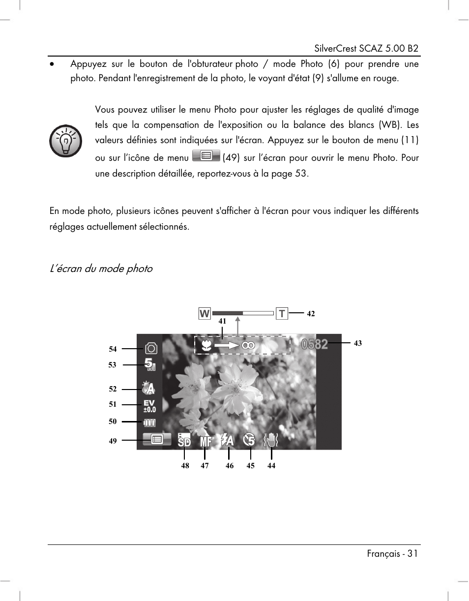 L’écran du mode photo | Silvercrest SCAZ 5.00 B2 User Manual | Page 33 / 222