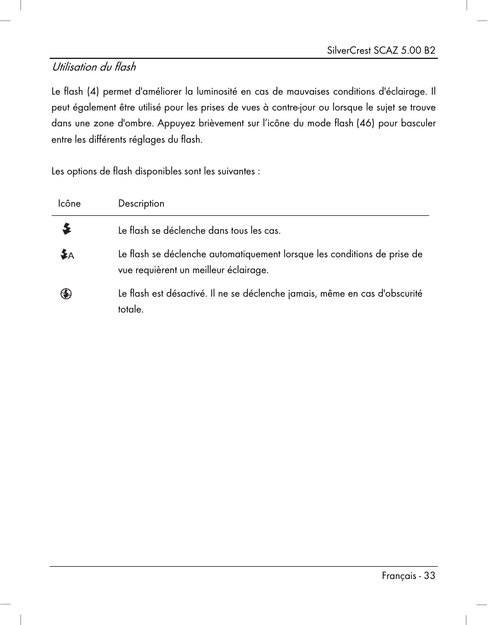 Utilisation du flash | Silvercrest SCAZ 5.00 B2 User Manual | Page 35 / 222