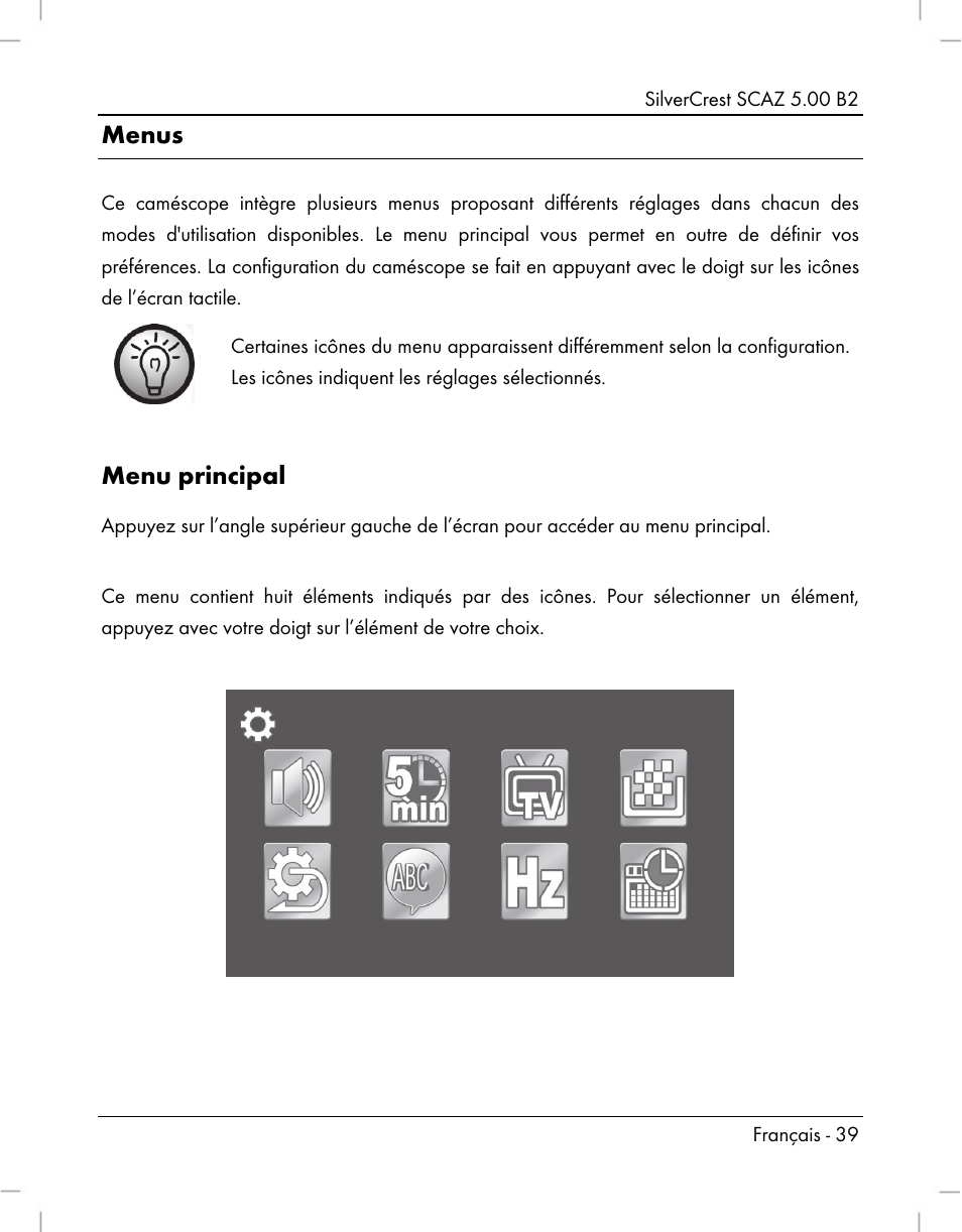 Menus, Menu principal | Silvercrest SCAZ 5.00 B2 User Manual | Page 41 / 222