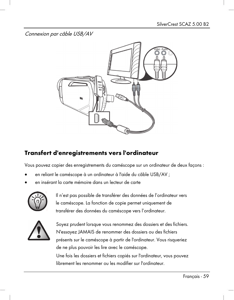 Transfert d'enregistrements vers l'ordinateur, Connexion par câble usb/av | Silvercrest SCAZ 5.00 B2 User Manual | Page 61 / 222