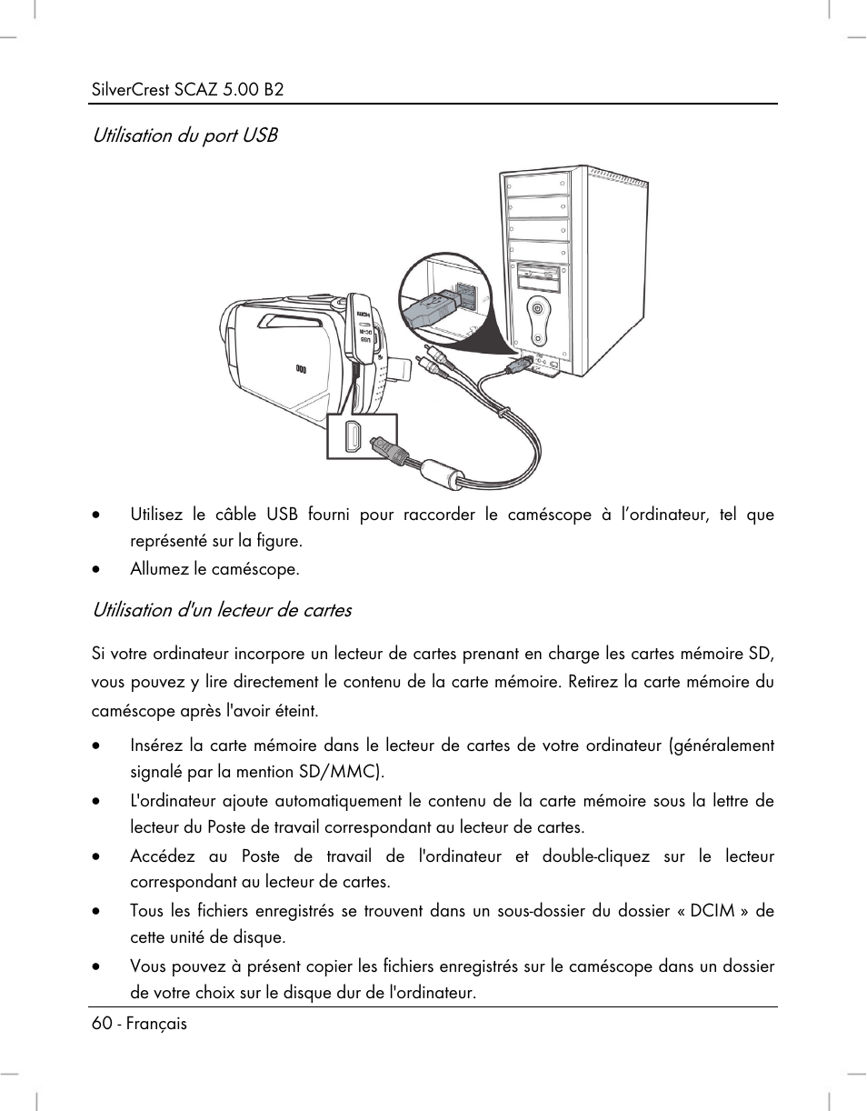Utilisation du port usb, Utilisation d'un lecteur de cartes | Silvercrest SCAZ 5.00 B2 User Manual | Page 62 / 222