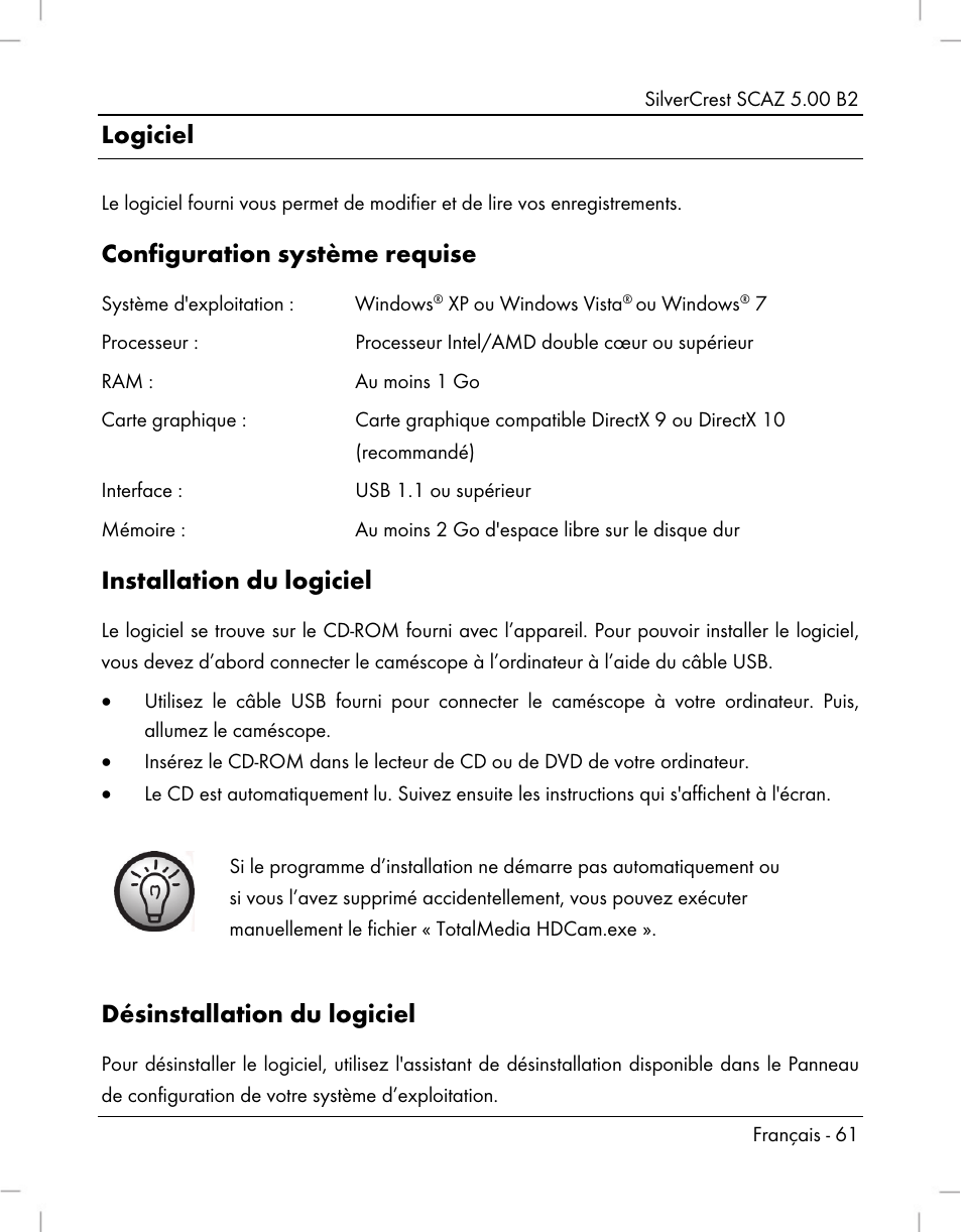 Logiciel, Configuration système requise, Installation du logiciel | Désinstallation du logiciel | Silvercrest SCAZ 5.00 B2 User Manual | Page 63 / 222