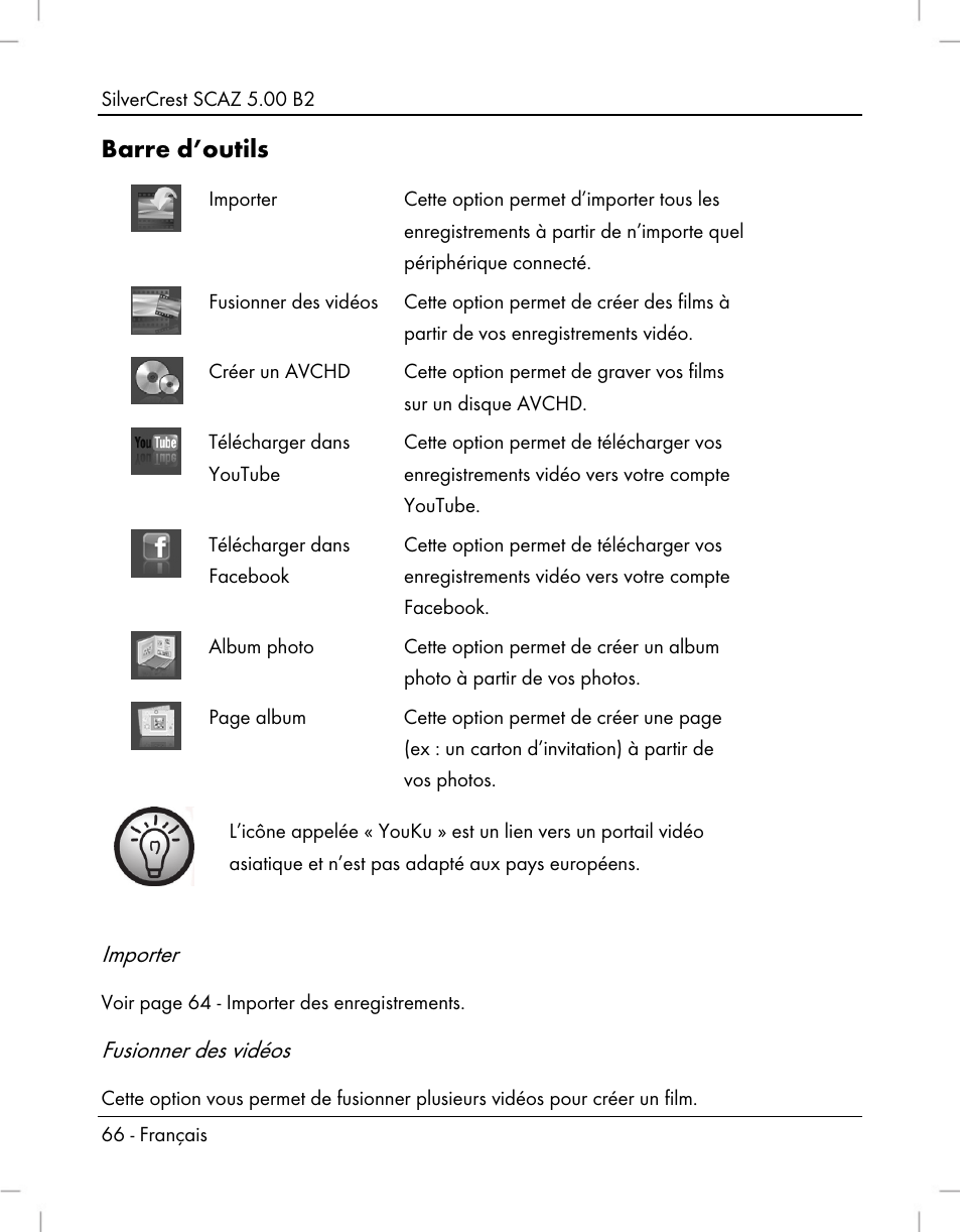 Barre d’outils, Importer, Fusionner des vidéos | Silvercrest SCAZ 5.00 B2 User Manual | Page 68 / 222