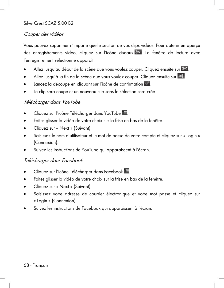 Couper des vidéos, Télécharger dans youtube, Télécharger dans facebook | Silvercrest SCAZ 5.00 B2 User Manual | Page 70 / 222