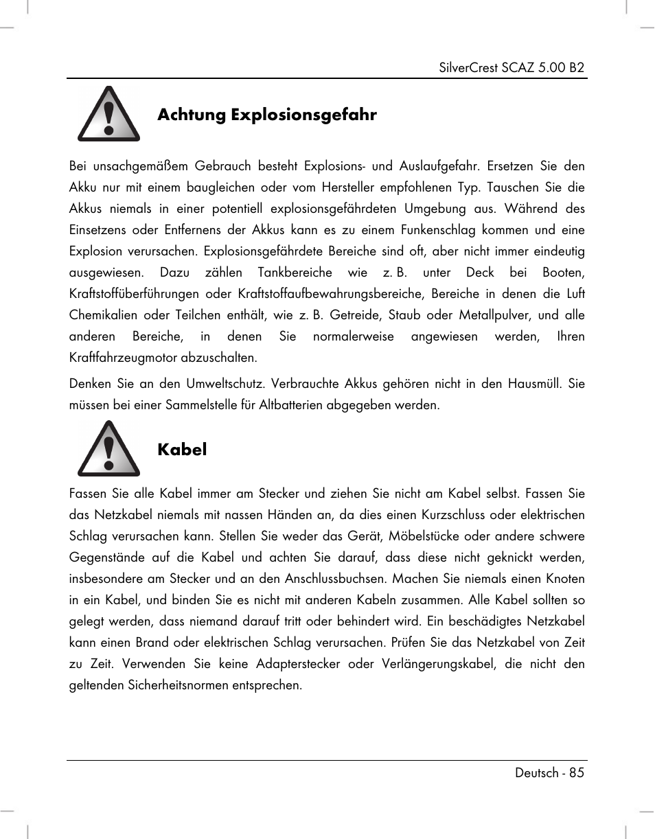 Achtung explosionsgefahr, Kabel | Silvercrest SCAZ 5.00 B2 User Manual | Page 87 / 222