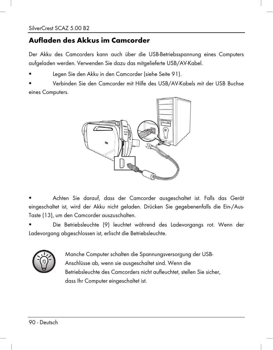 Aufladen des akkus im camcorder | Silvercrest SCAZ 5.00 B2 User Manual | Page 92 / 222