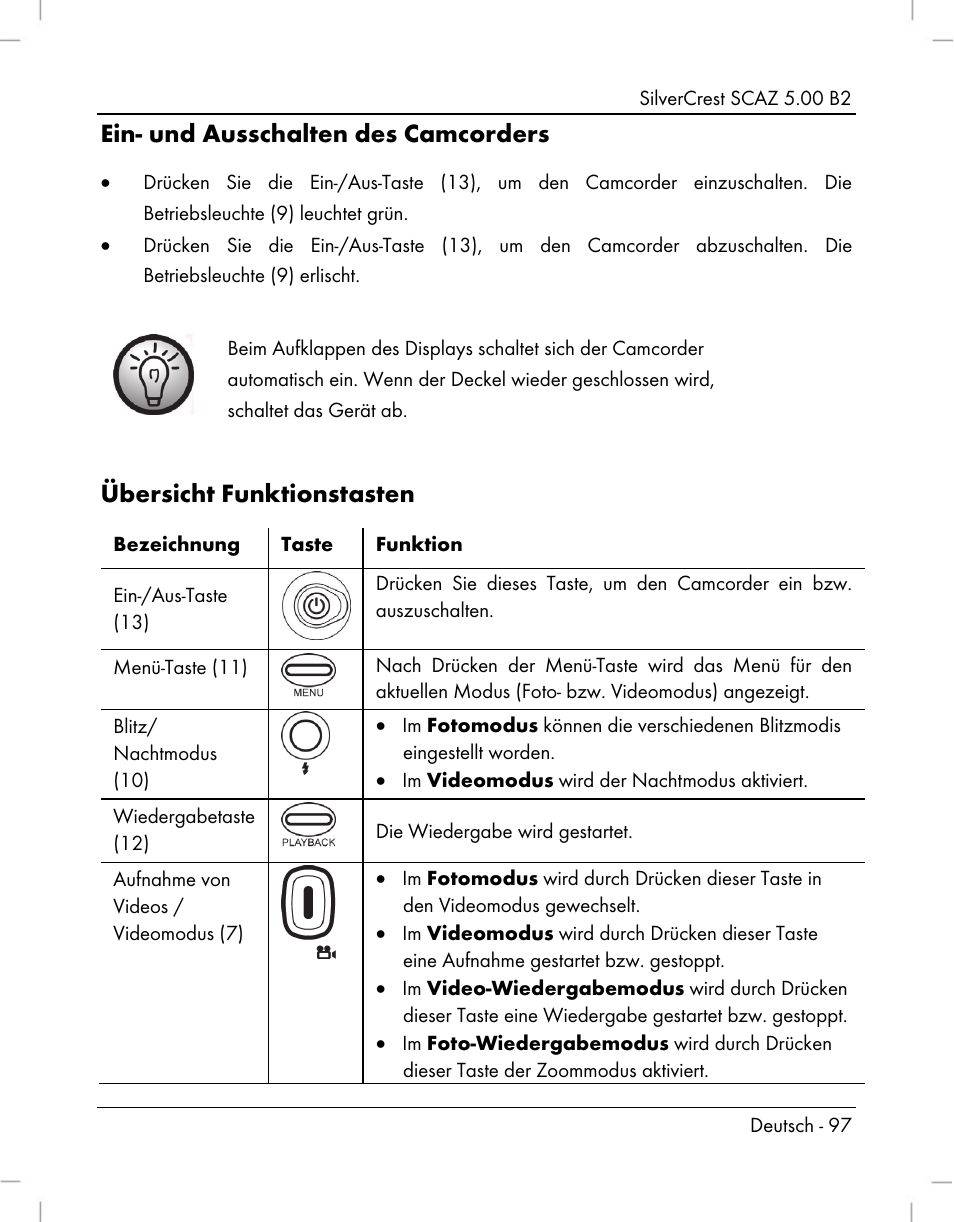 Ein- und ausschalten des camcorders, Übersicht funktionstasten | Silvercrest SCAZ 5.00 B2 User Manual | Page 99 / 222