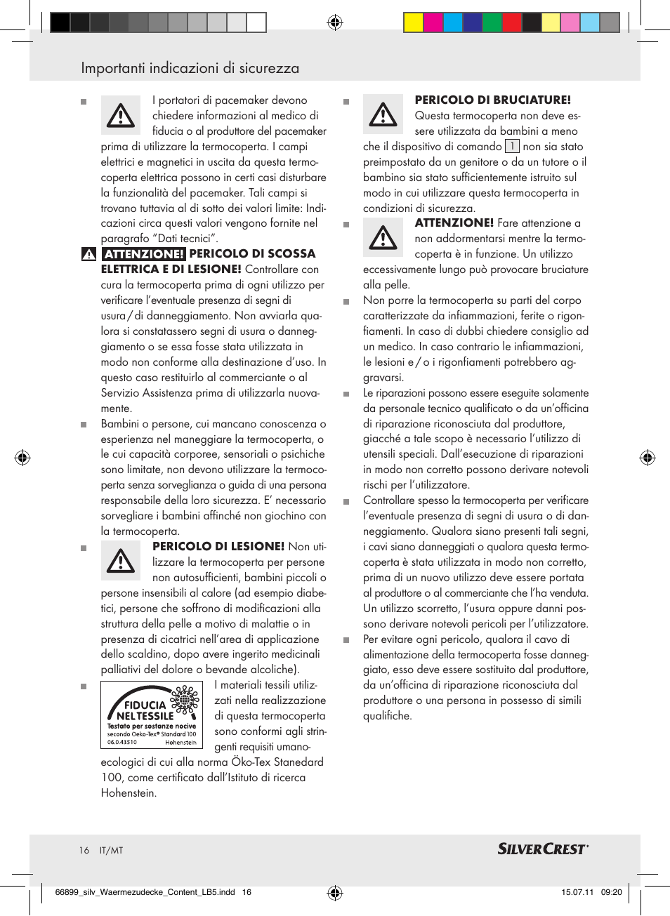 Importanti indicazioni di sicurezza | Silvercrest Electric Blanket User Manual | Page 12 / 40