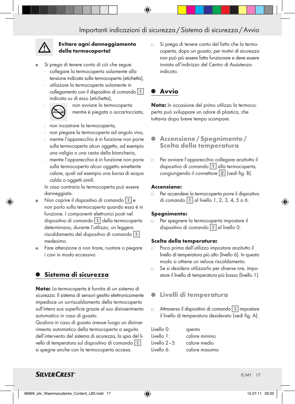 Sistema di sicurezza, Avvio, Livelli di temperatura | Silvercrest Electric Blanket User Manual | Page 13 / 40