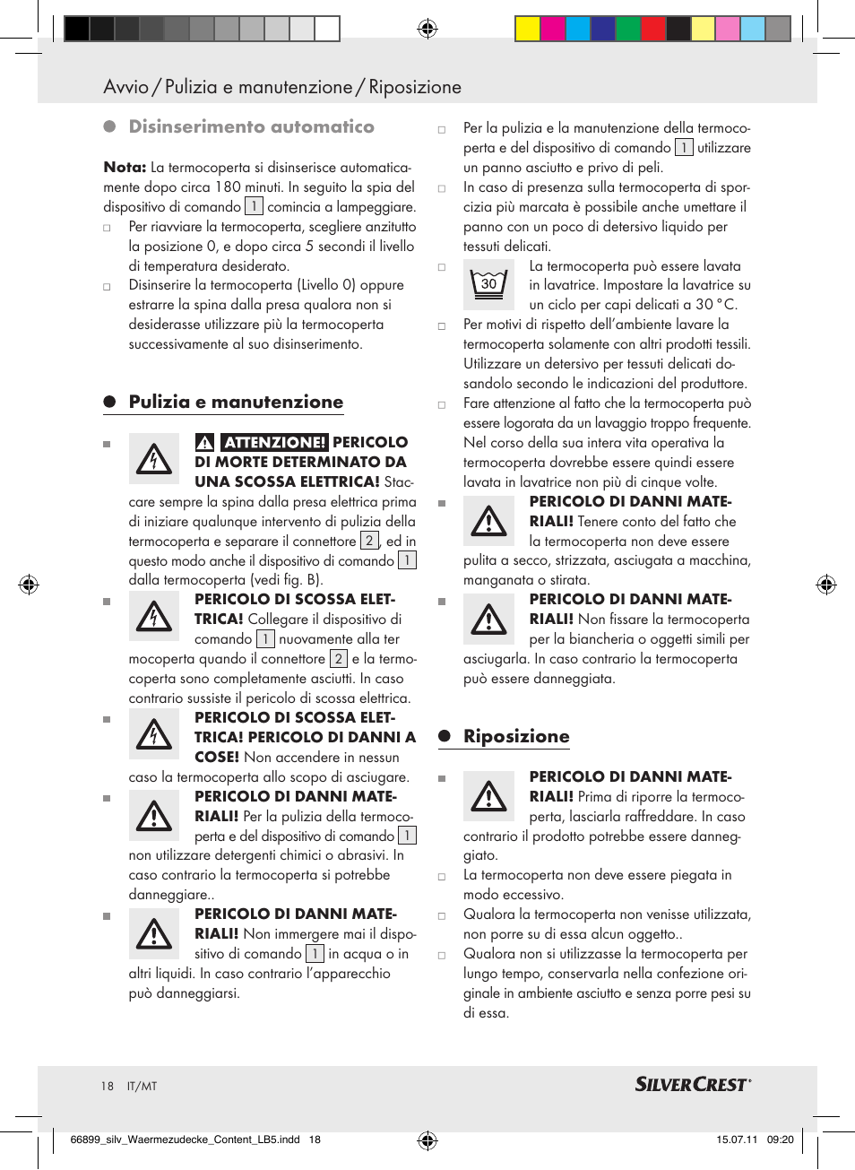 Avvio / pulizia e manutenzione / riposizione, Disinserimento automatico, Pulizia e manutenzione | Riposizione | Silvercrest Electric Blanket User Manual | Page 14 / 40