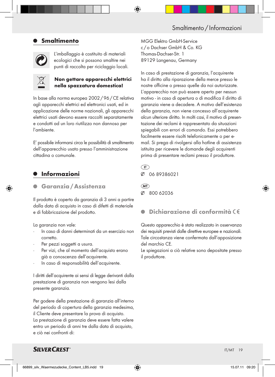 Smaltimento / informazioni, Smaltimento, Informazioni garanzia / assistenza | Dichiarazione di conformità | Silvercrest Electric Blanket User Manual | Page 15 / 40