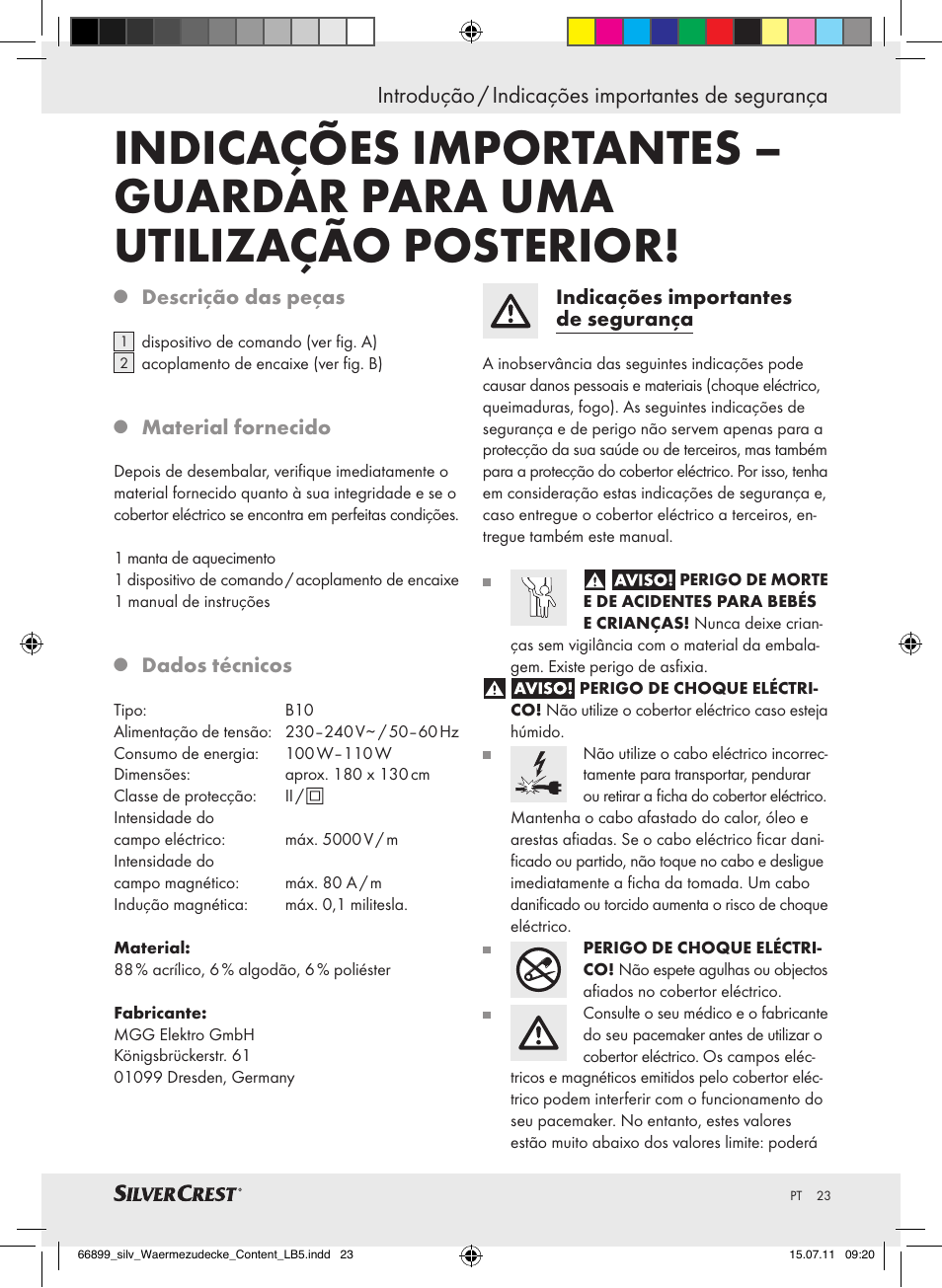 Introdução / indicações importantes de segurança | Silvercrest Electric Blanket User Manual | Page 19 / 40
