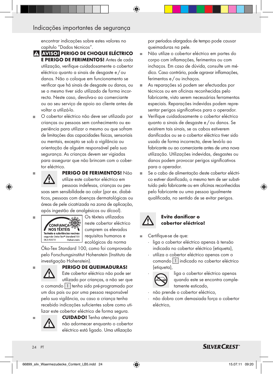 Indicações importantes de segurança | Silvercrest Electric Blanket User Manual | Page 20 / 40
