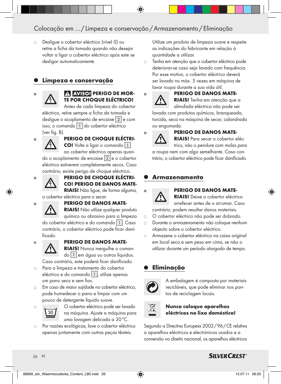 Limpeza e conservação, Armazenamento, Eliminação | Silvercrest Electric Blanket User Manual | Page 22 / 40
