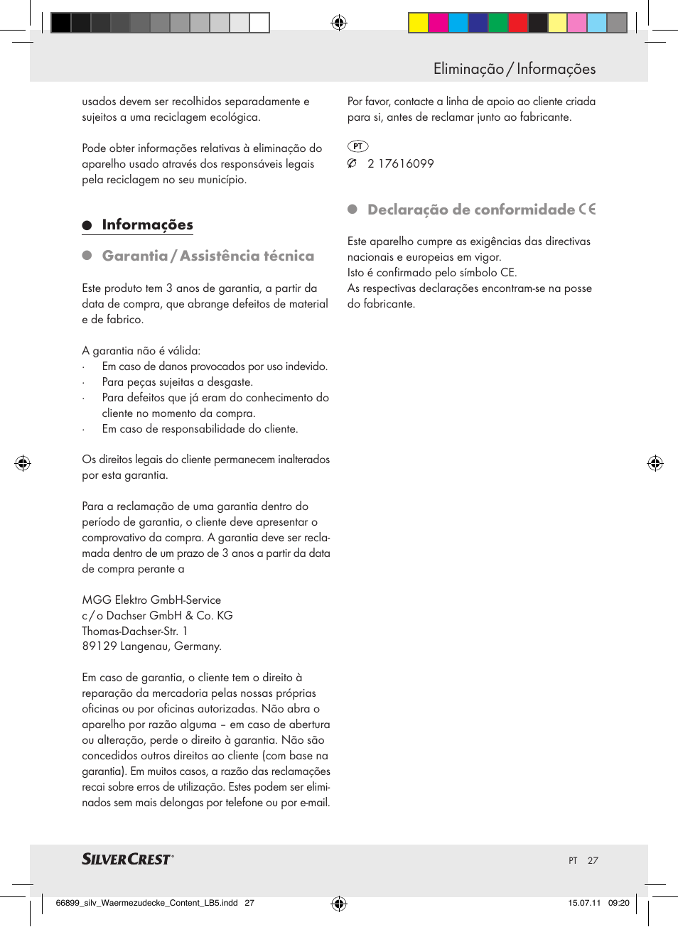 Eliminação / informações, Informações, Garantia / assistência técnica | Declaração de conformidade | Silvercrest Electric Blanket User Manual | Page 23 / 40