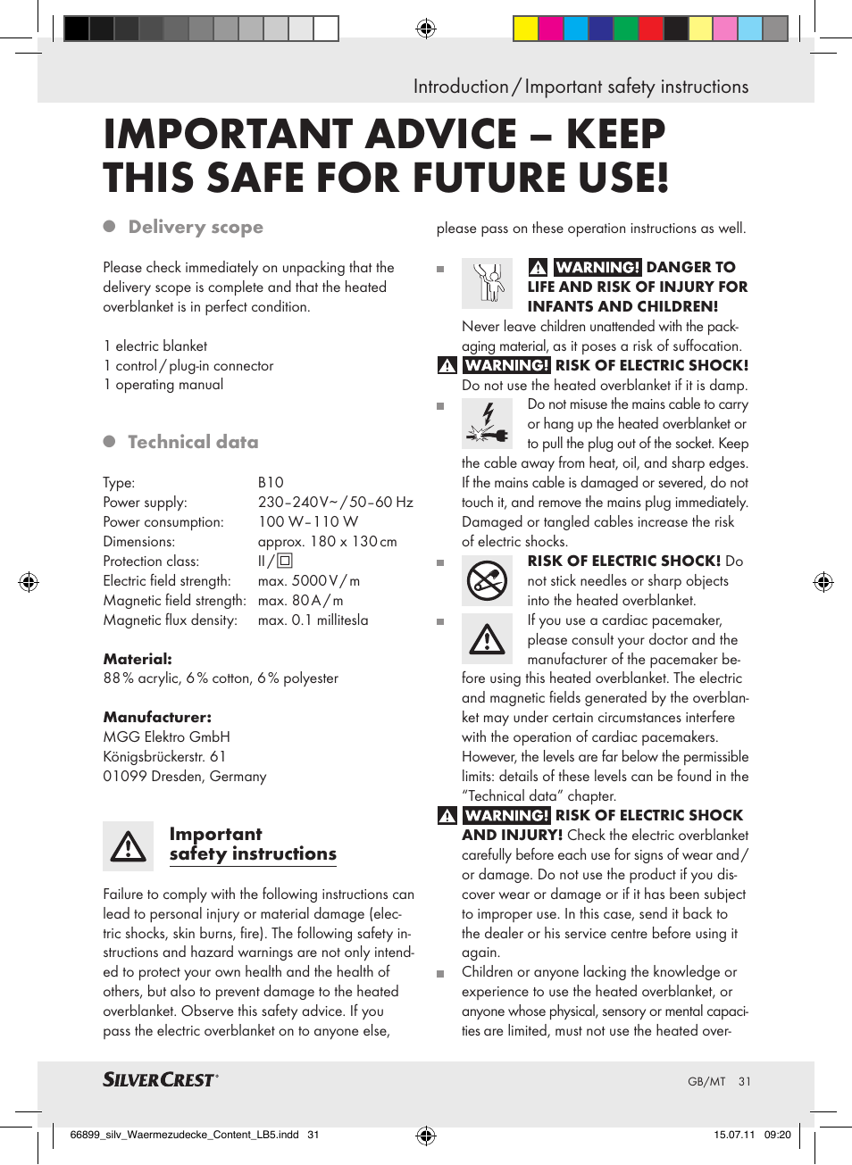Important advice – keep this safe for future use, Introduction / important safety instructions | Silvercrest Electric Blanket User Manual | Page 27 / 40