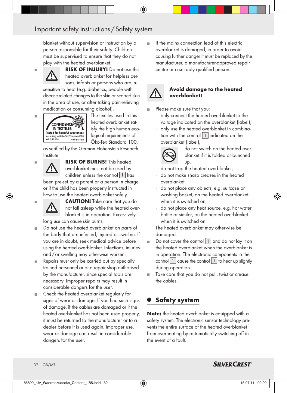 Important safety instructions / safety system, Safety system | Silvercrest Electric Blanket User Manual | Page 28 / 40