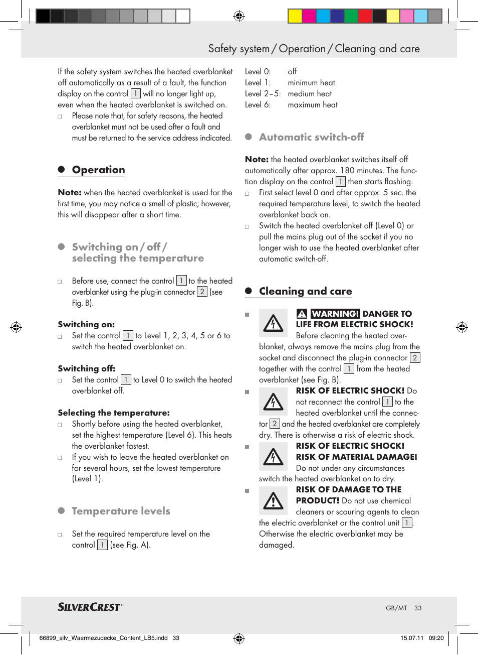 Safety system / operation / cleaning and care, Operation, Switching on / off / selecting the temperature | Temperature levels, Automatic switch-off, Cleaning and care | Silvercrest Electric Blanket User Manual | Page 29 / 40