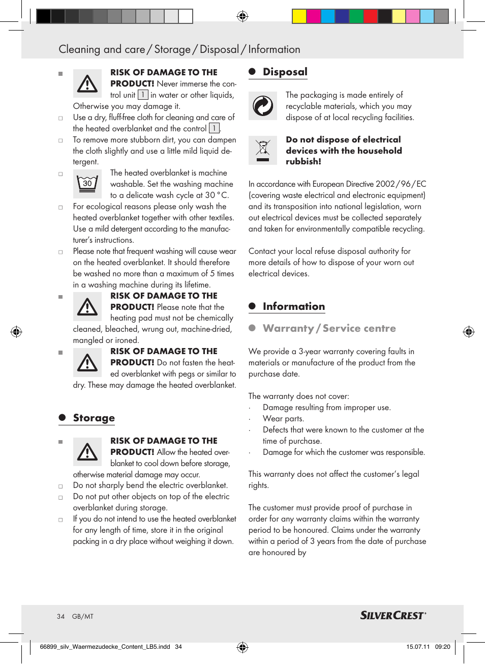 Storage, Disposal, Information | Warranty / service centre | Silvercrest Electric Blanket User Manual | Page 30 / 40